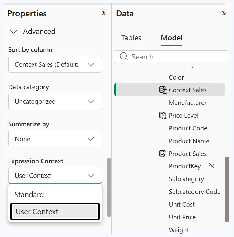 Power BI Expression Context setting showing Standard and User Context
