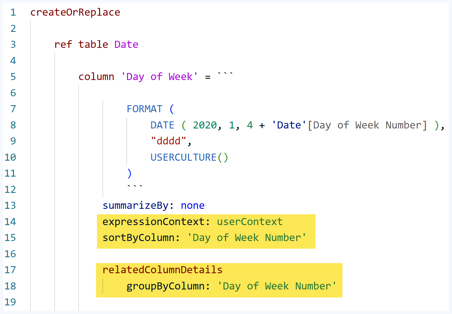 TMDL definition showing expressionContext userContext and related column details